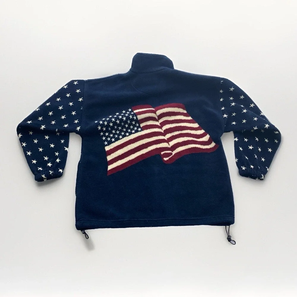 VTG Bear Ridge Outfitters USA Fleece Jacket Adult L USA Made Stars Big Flag 90s - Picture 2 of 10